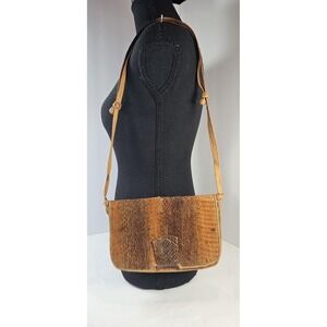 Vintage Snakeskin Crossbody Purse Clutch Flap Snap Zip Pocket Brown Folk Crafted